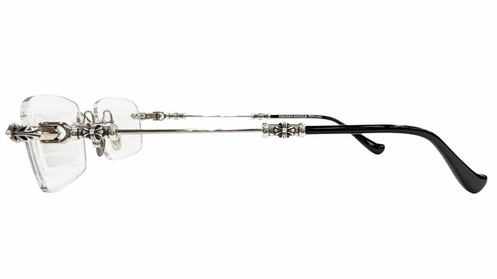 Silver rimless eyeglasses on a white background