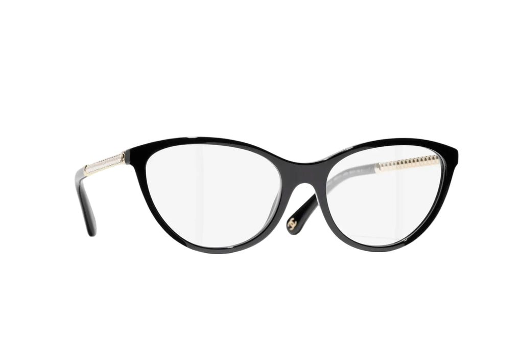 Chanel-Inspired Cat-Eye Black Eyeglasses with Pearl Detail – Elegant Acetate Frame