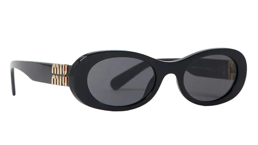 Black sunglasses with gold logo on a white background