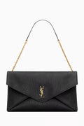 Saint Laurent-Inspired Envelope Chain Clutch Bag – Black Leather Gold Logo