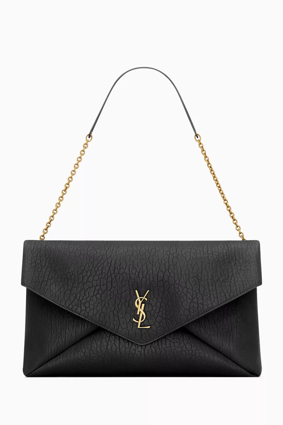 Saint Laurent-Inspired Envelope Chain Clutch Bag – Black Leather Gold Logo
