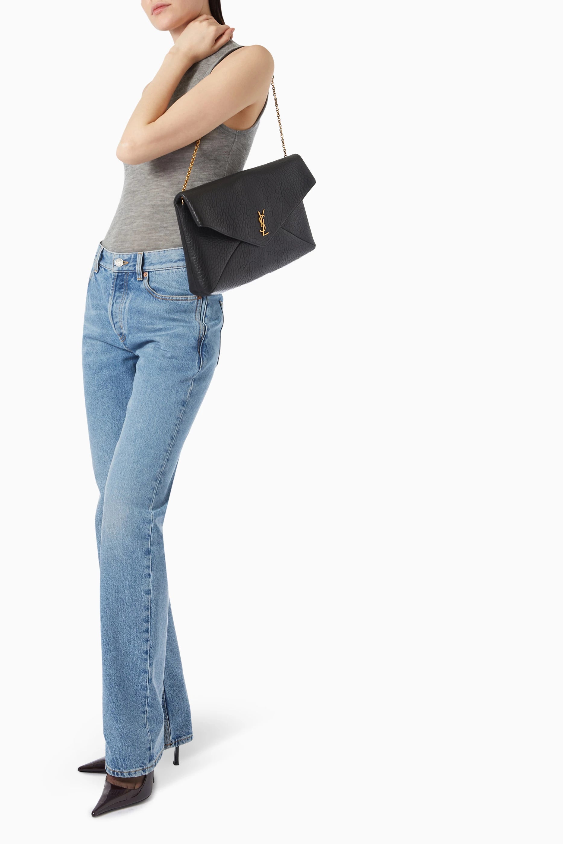 Saint Laurent-Inspired Envelope Chain Clutch Bag – Black Leather Gold Logo