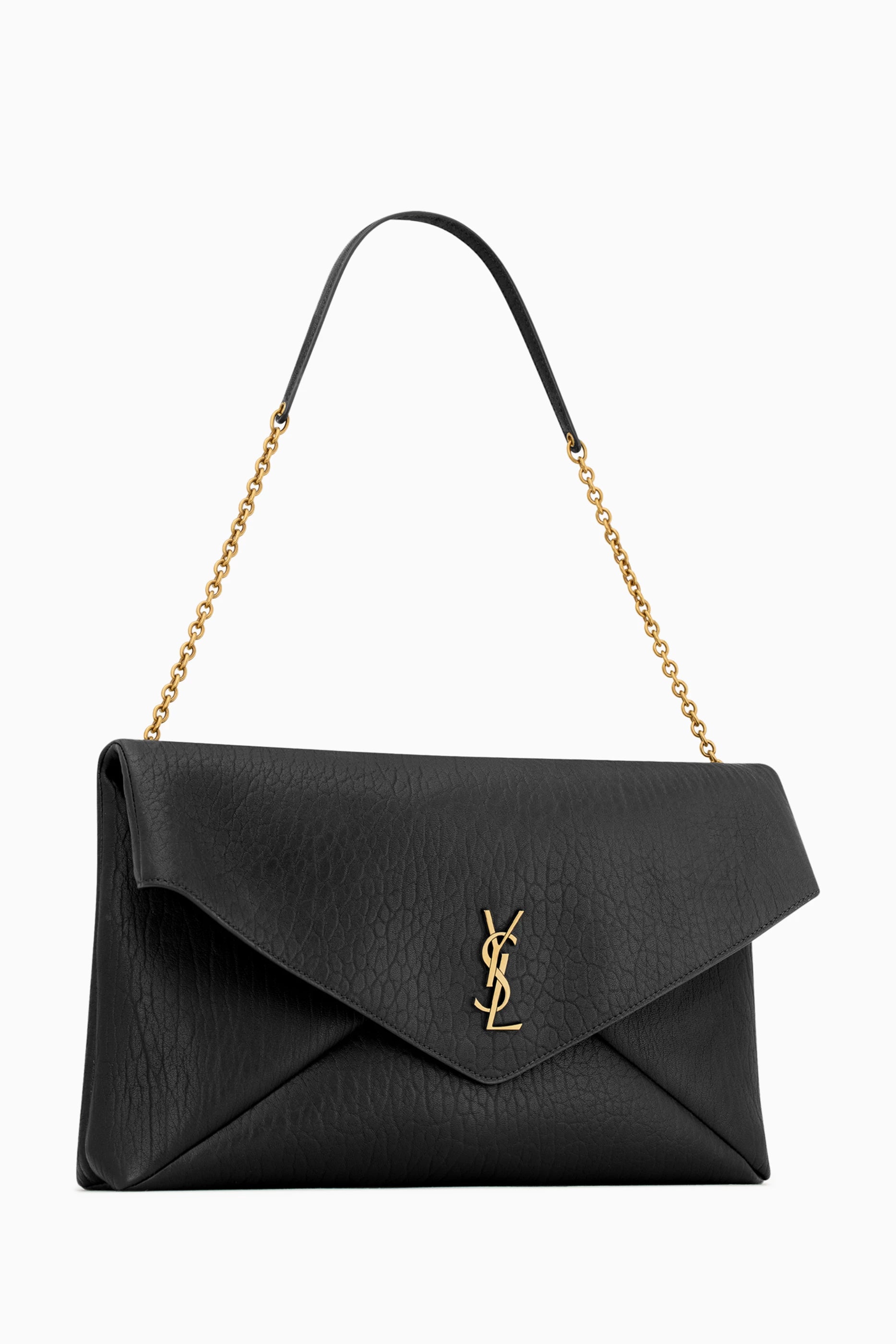 Saint Laurent-Inspired Envelope Chain Clutch Bag – Black Leather Gold Logo