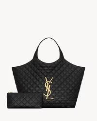Saint Laurent-Inspired Quilted Black Tote Bag – Luxury Gold Logo Shopper