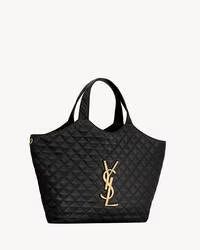 Saint Laurent-Inspired Quilted Black Tote Bag – Luxury Gold Logo Shopper