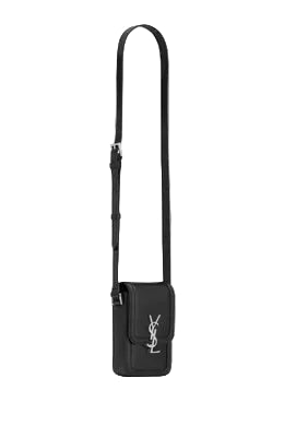 Black crossbody bag with a brand logo on a white background