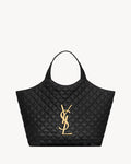 Saint Laurent-Inspired Quilted Black Tote Bag – Luxury Gold Logo Shopper