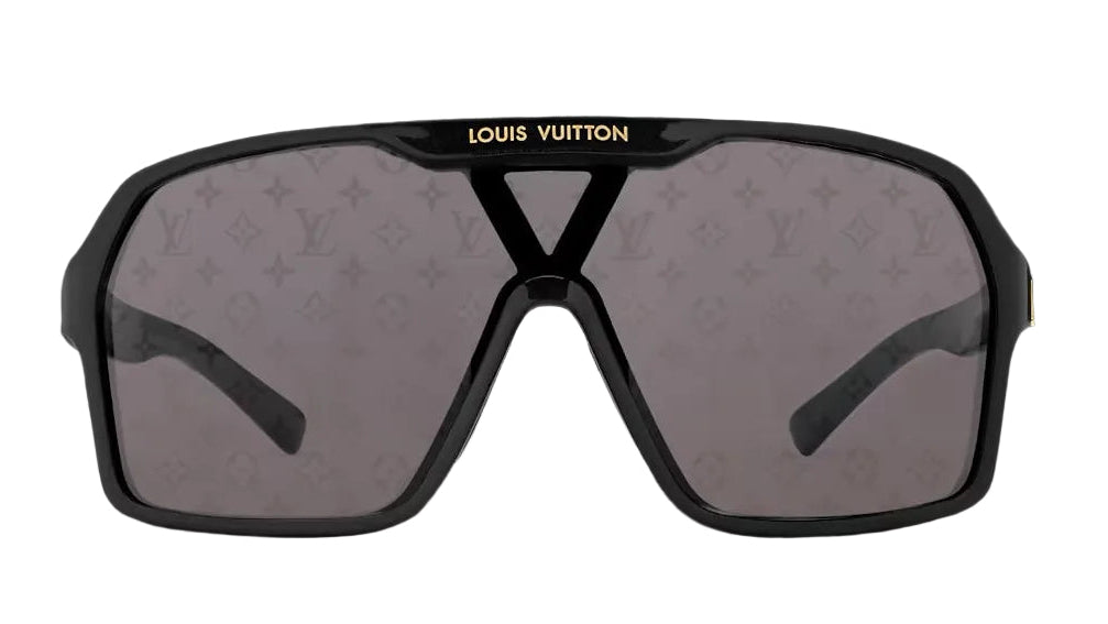 Louis Vuitton sunglasses with black frame and gray lenses on a white background