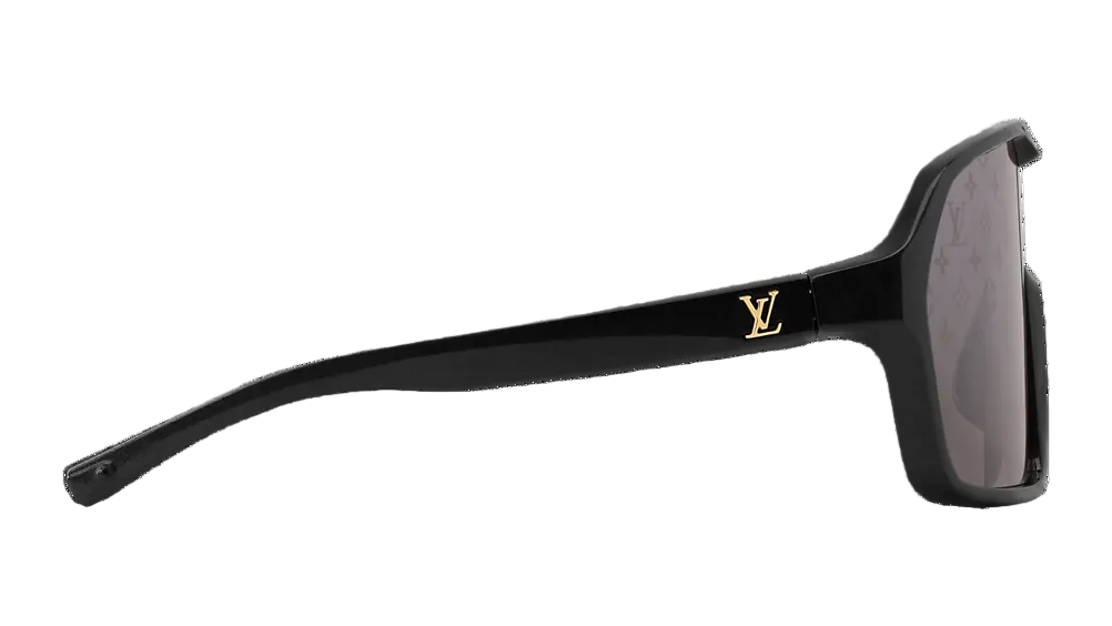 Black sunglasses with a logo on a white background