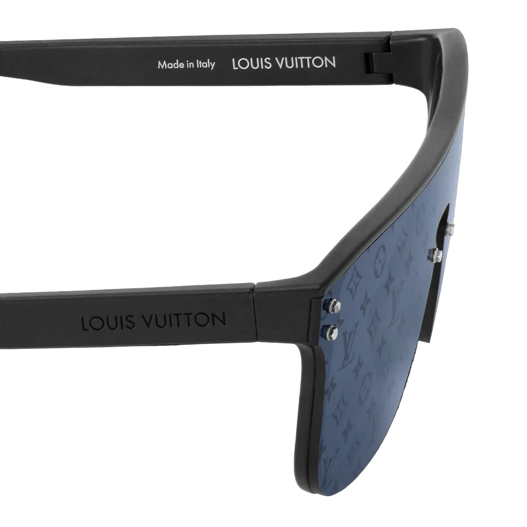 Louis Vuitton sunglasses with black frame and blue patterned arm on a white background