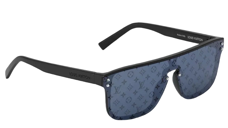 Sunglasses with a brand logo on a black background
