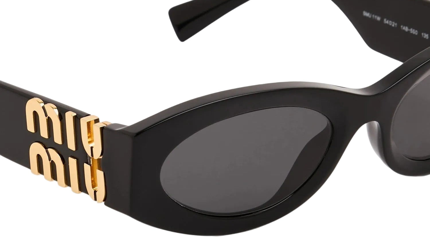 Black sunglasses with gold accents on a white background