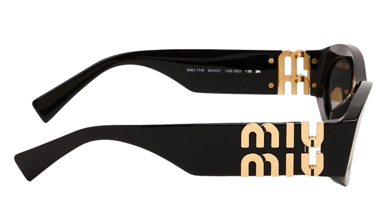 Black sunglasses with gold accents and 'Miu Miu' logo on a white background